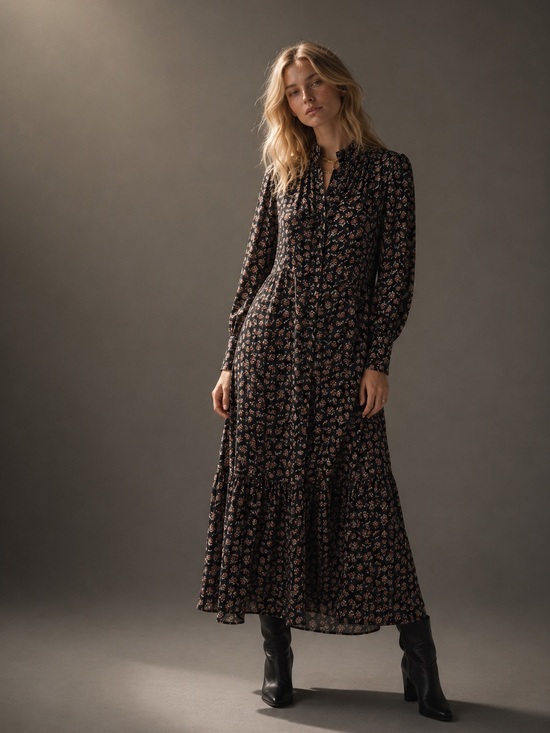 Dresses & Skirts - Long Sleeve Floral Maxi Dress - Black/Pink
